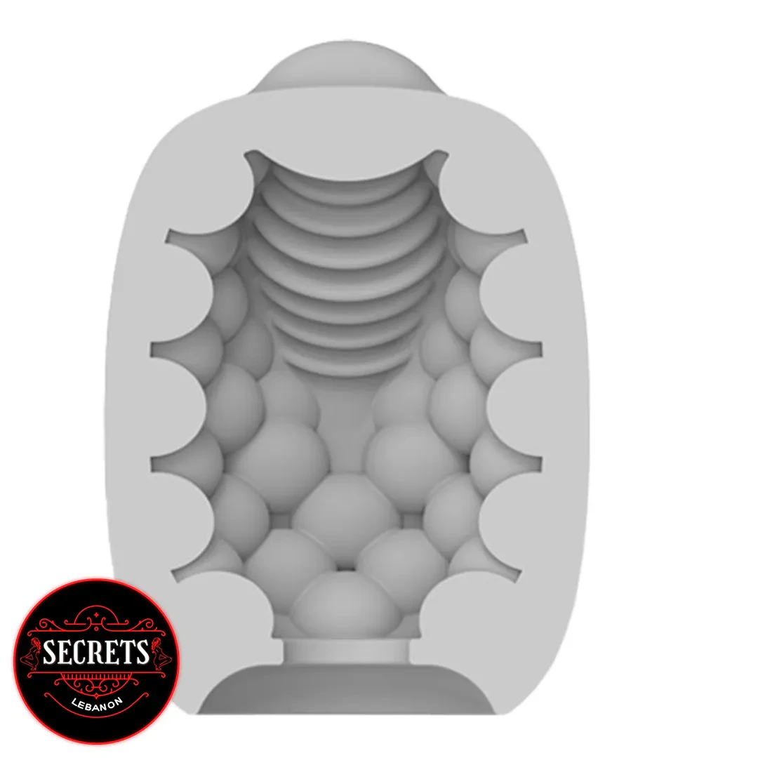 Couples Vibrating Masturbator interior view showing ribbed and bubble textured grey sleeve