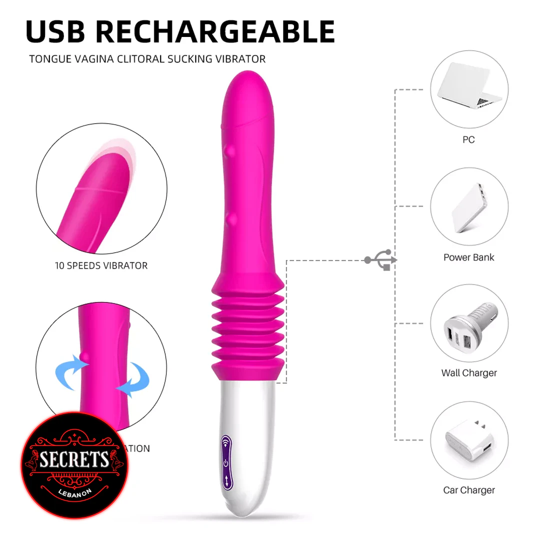 Cowgirl Thrusting Sex Machine pink vibrator with USB charging compatibility diagram