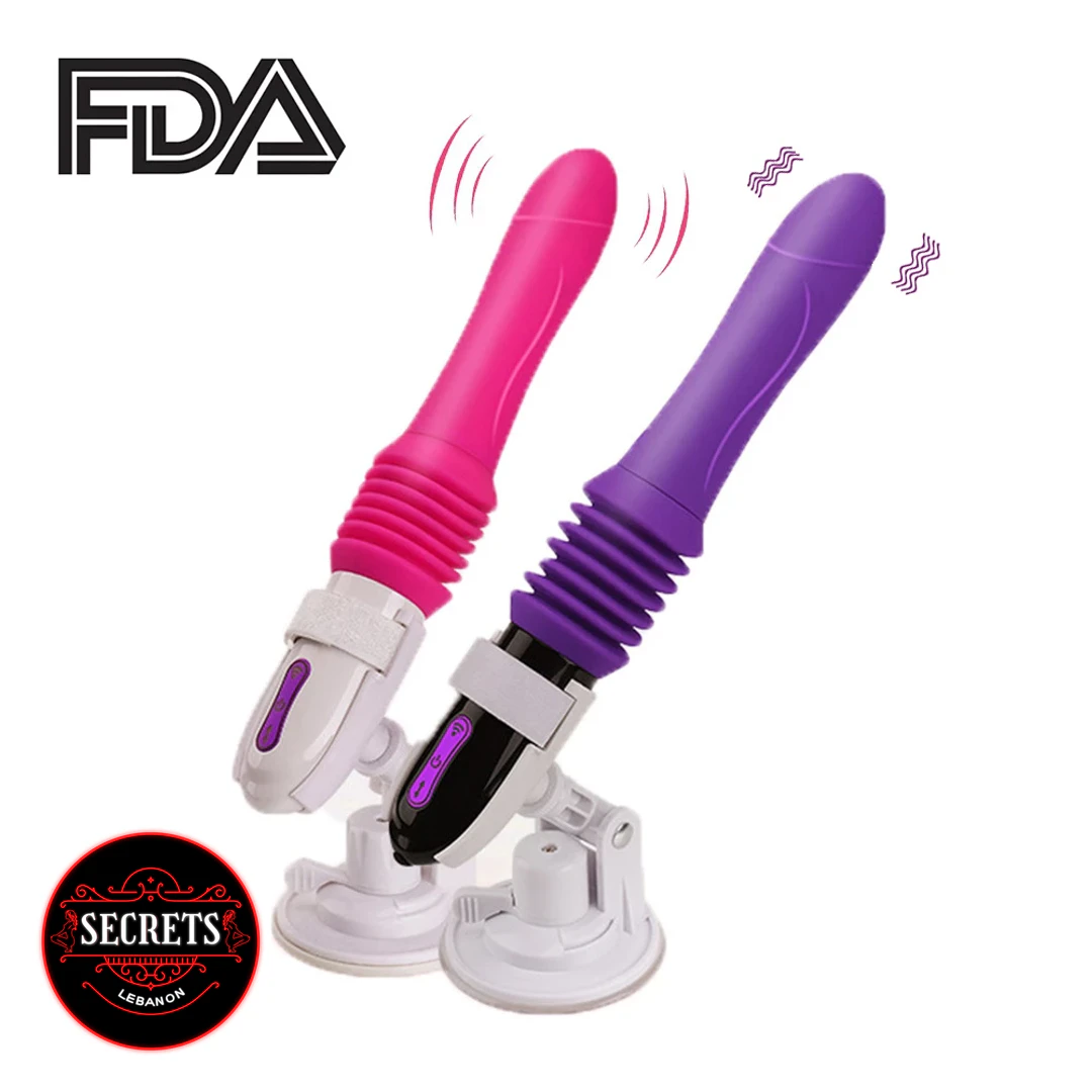 Cowgirl Thrusting Sex Machine in pink and purple with suction cup bases