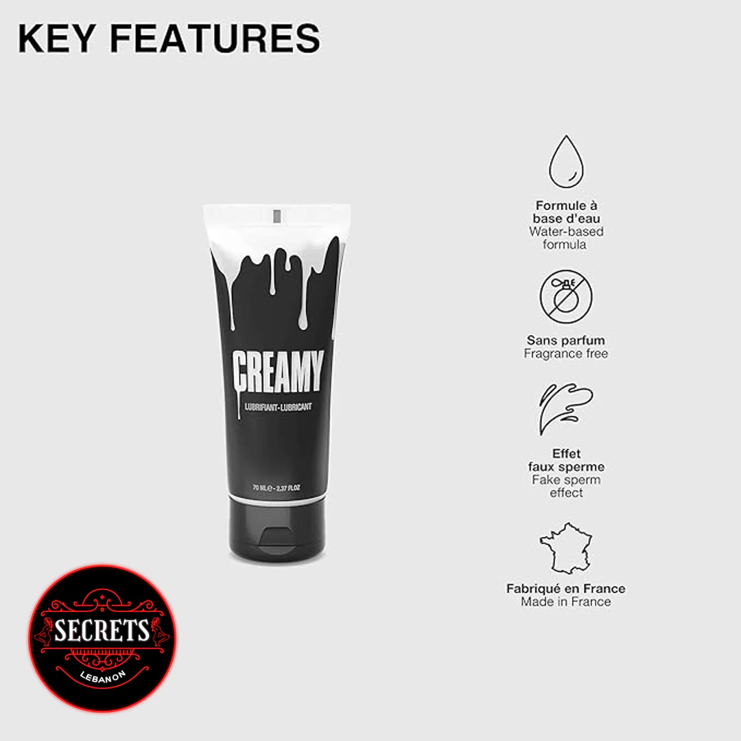 Creamy Cum Lubricant 150ml black squeeze tube with key features infographic