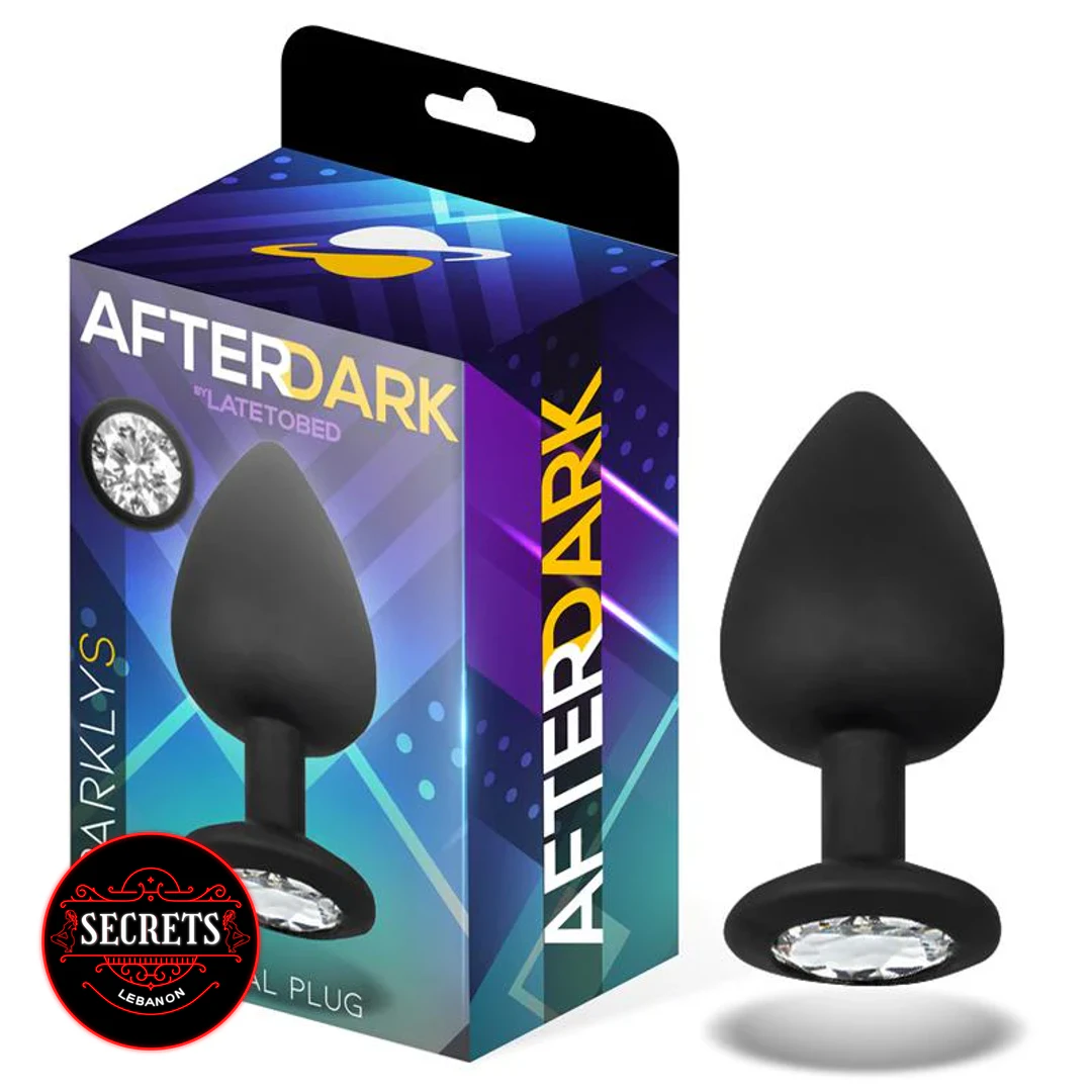 Crystal Gem Silicone Butt Plug black with clear jewel base beside box