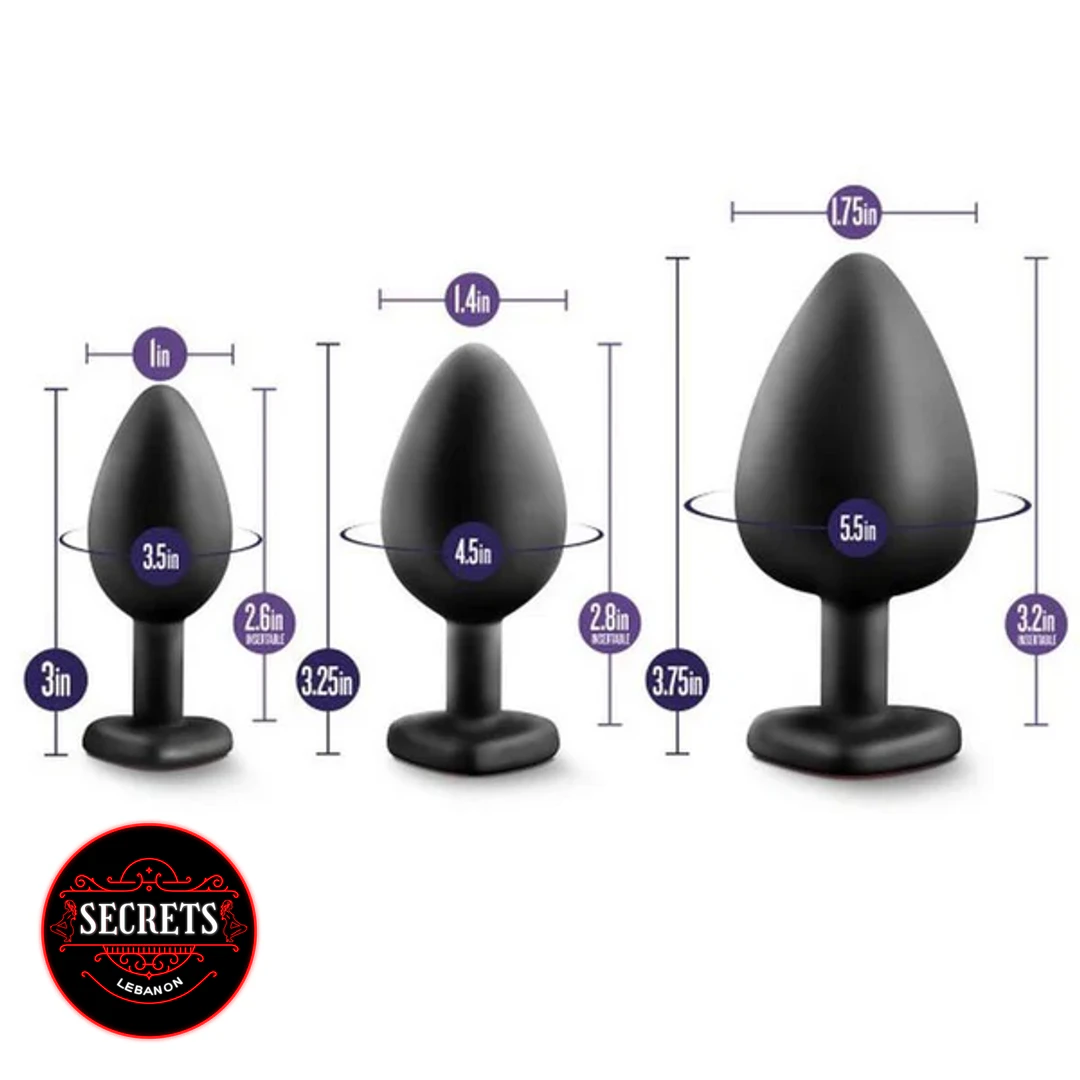 Crystal Gem Silicone Butt Plug three-piece black set with size dimensions displayed