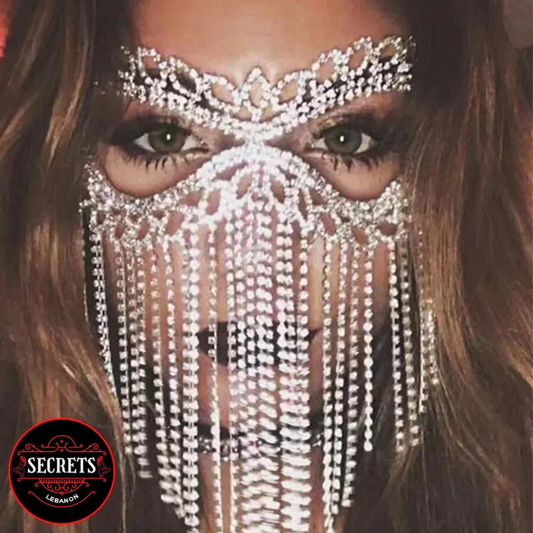 Crystal Rhinestone Tassel Face Mask worn close-up with long silver fringe chains