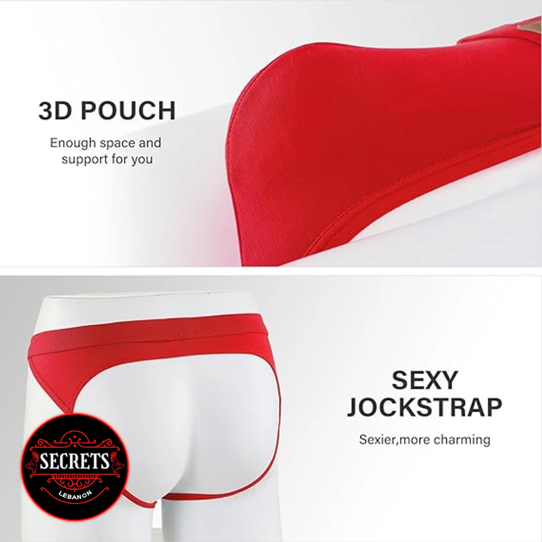 Cutout Detail Men's Sexy Thong in red on white mannequin rear view