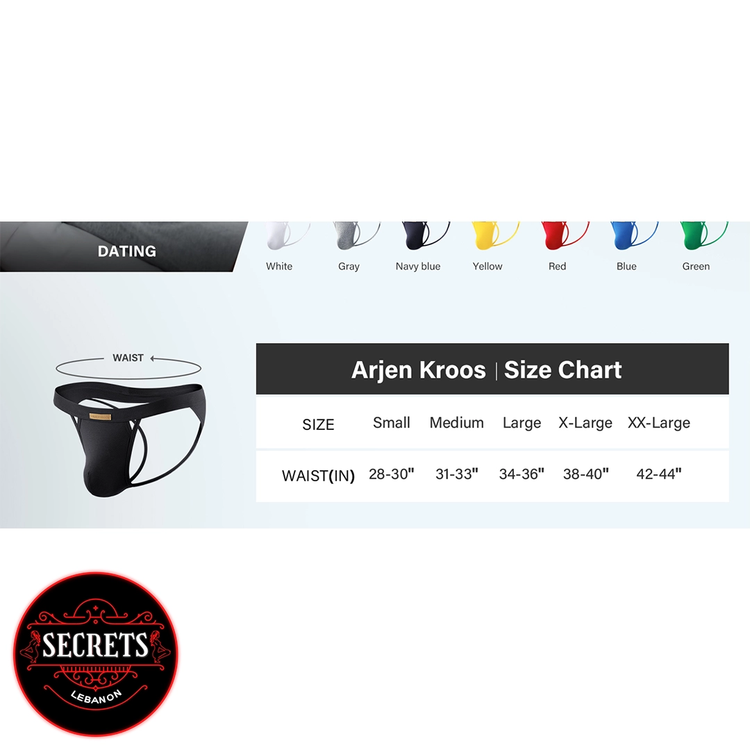 Cutout Detail Men's Sexy Thong size chart with four colour swatches