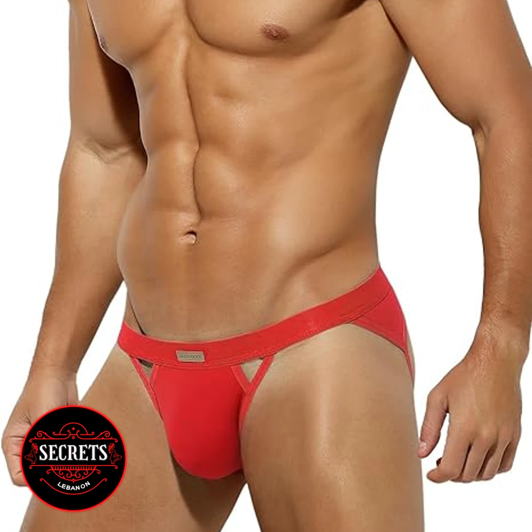Cutout Detail Men's Sexy Thong in red with triangle cutout front view