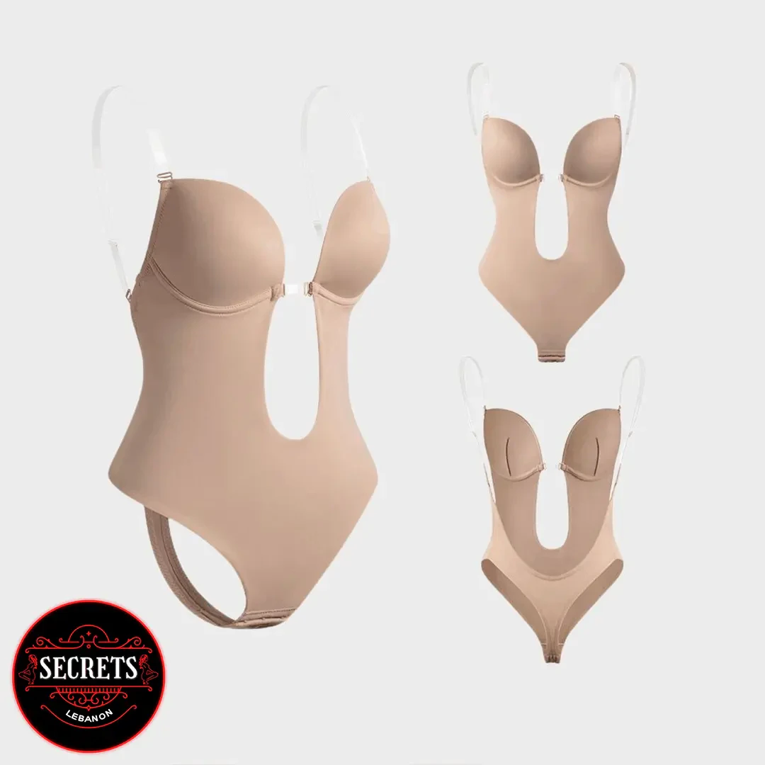 Deep Plunge Thong Bodysuit Shaper in nude shown from three angles