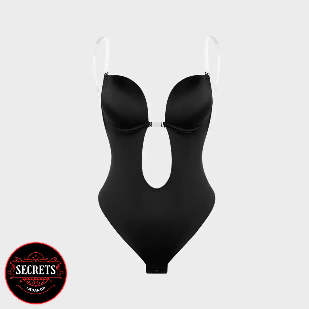 Deep Plunge Thong Bodysuit Shaper in black with clear straps front view