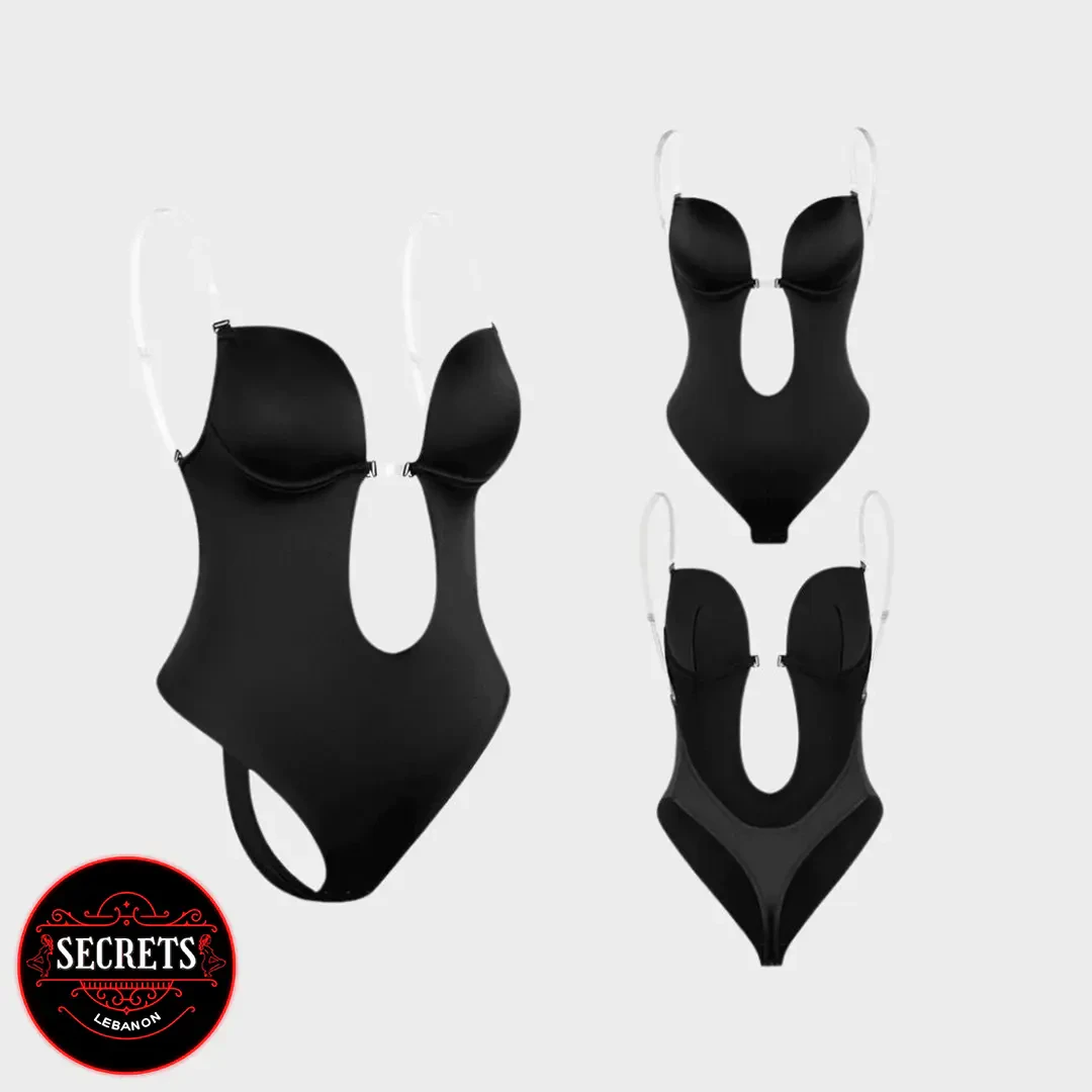 Deep Plunge Thong Bodysuit Shaper in black shown front and back views