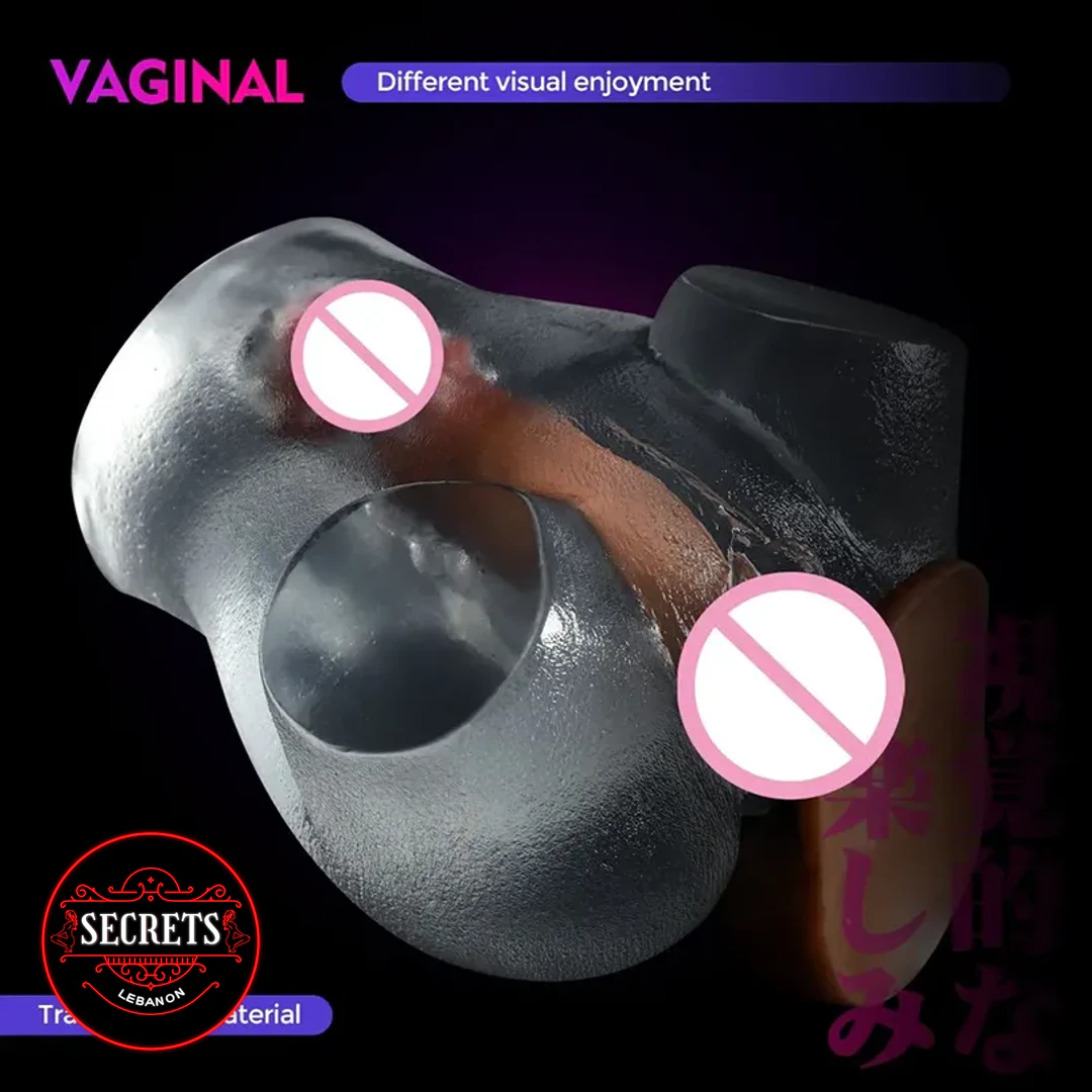 DeepChannel Realistic Butt Masturbator shown in transparent and dark dual-opening view