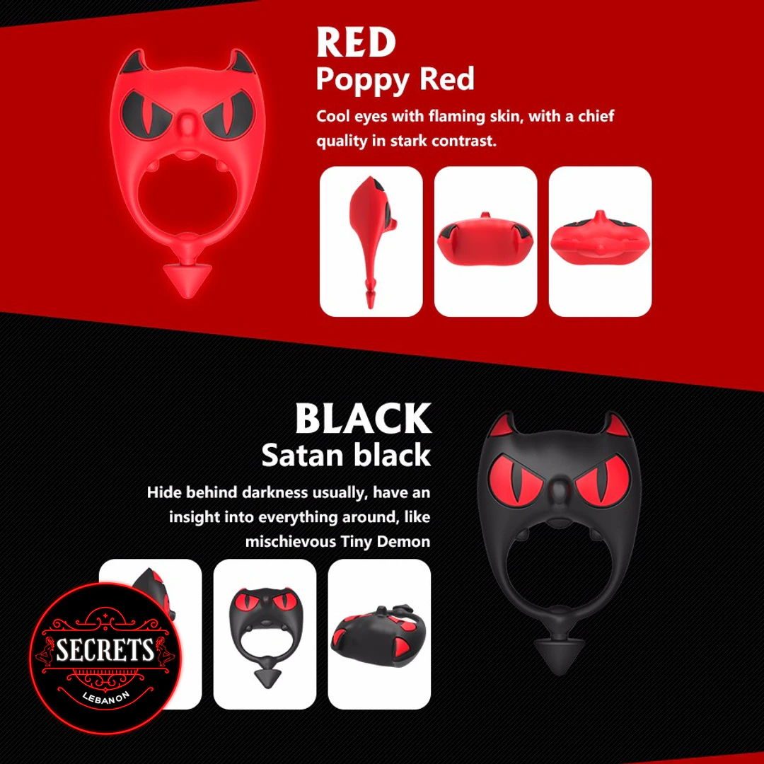 Demon Devil Silicone Cock Ring Vibrator unboxing shot with accessories laid out