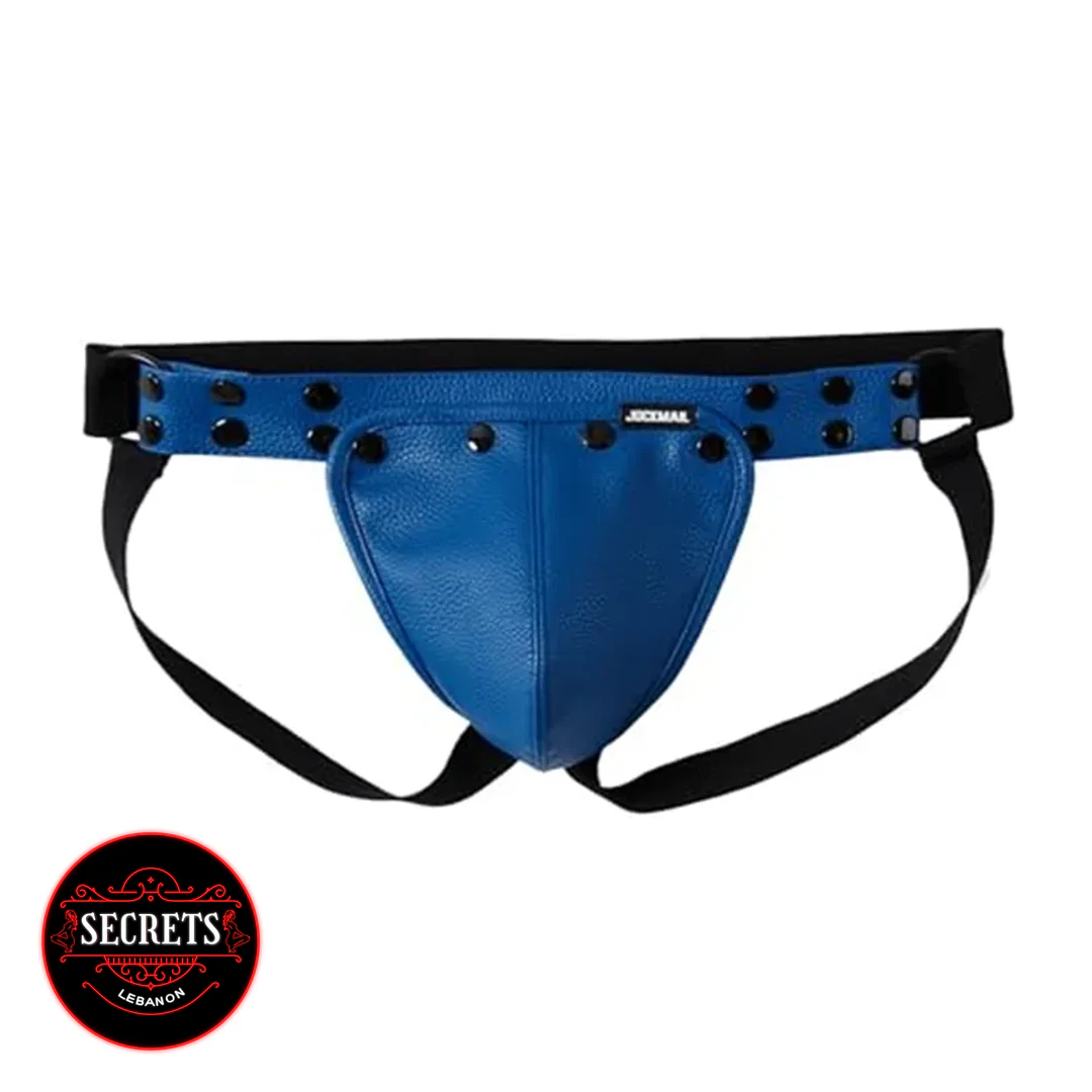Detachable Crotch Jockstrap in blue leather with black studs and straps