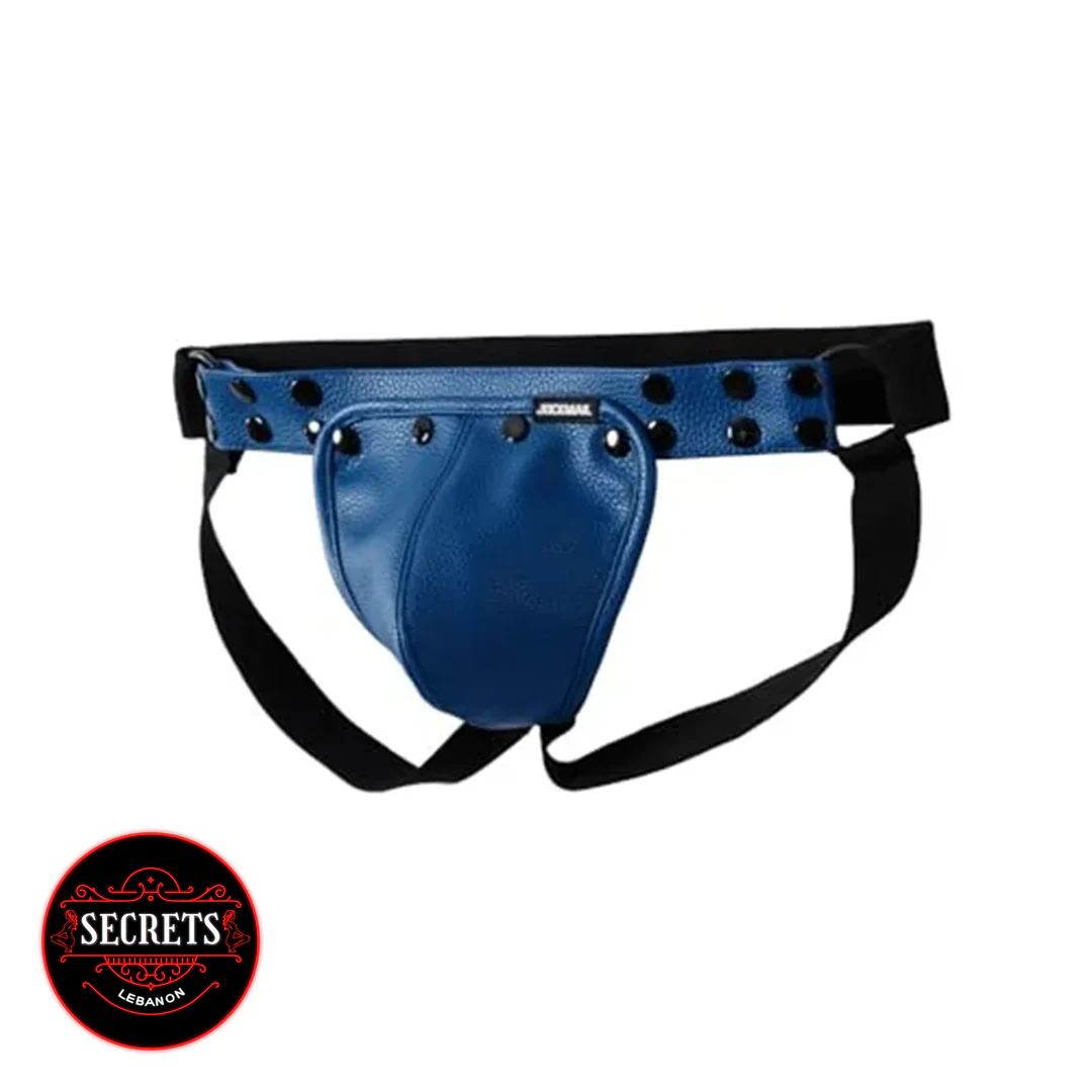 Detachable Crotch Jockstrap in blue faux leather with black studded waistband