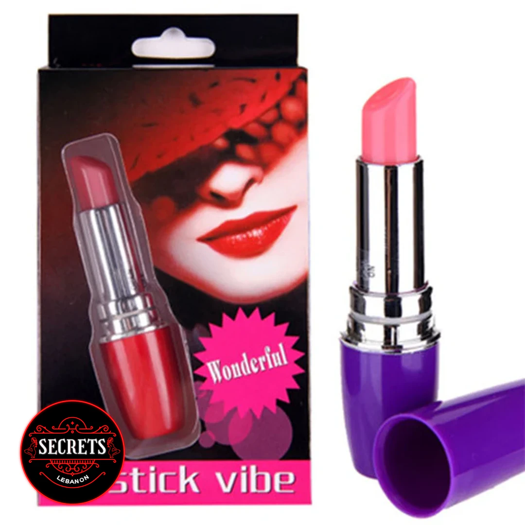 Discreet Lipstick Bullet Vibrator in pink and purple beside black retail box