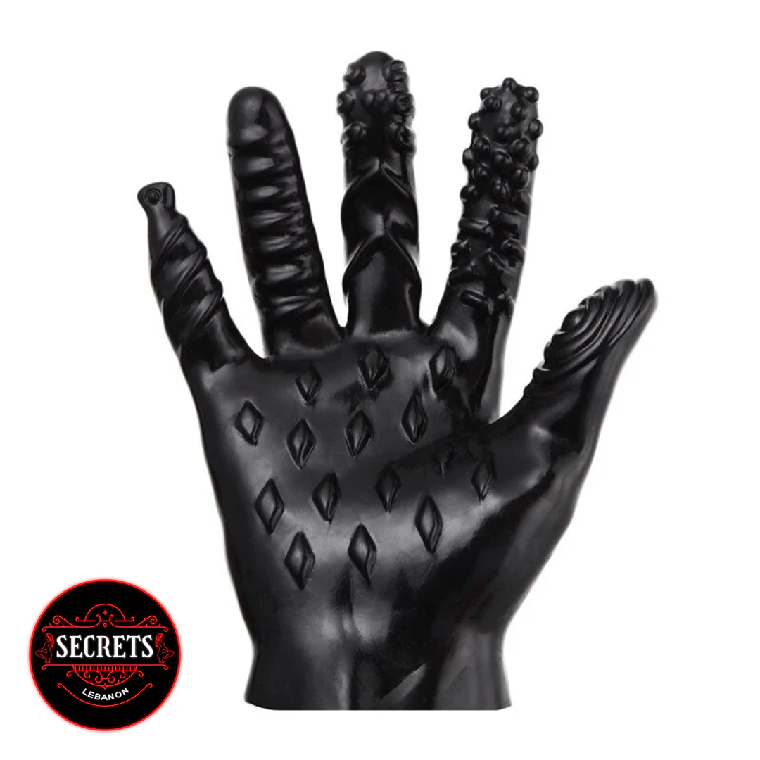 Dominator Textured Pleasure Glove black silicone with varied finger textures front view