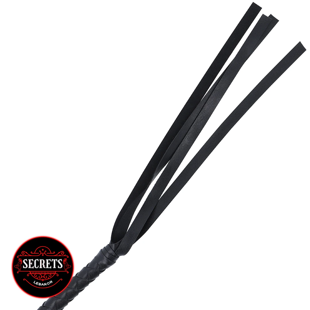 Dominatrix Braided Leather Whip with three black flat tails on white background
