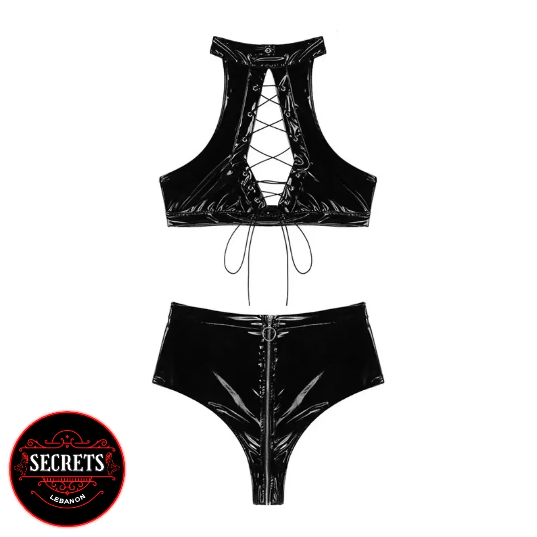 Dominatrix Lace-Up PVC Lingerie Set flat lay showing glossy black crop top and shorts