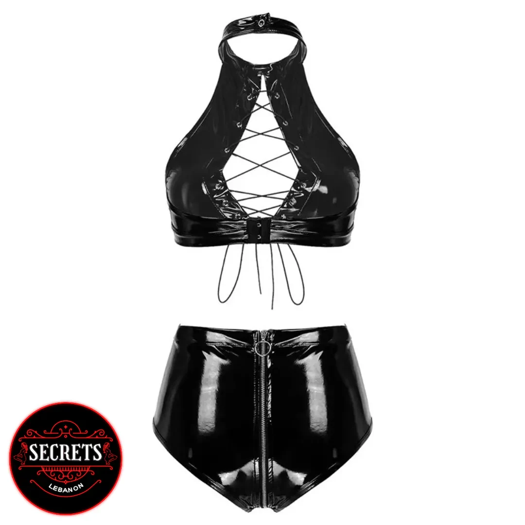 Dominatrix Lace-Up PVC Lingerie Set in black with front zip shorts