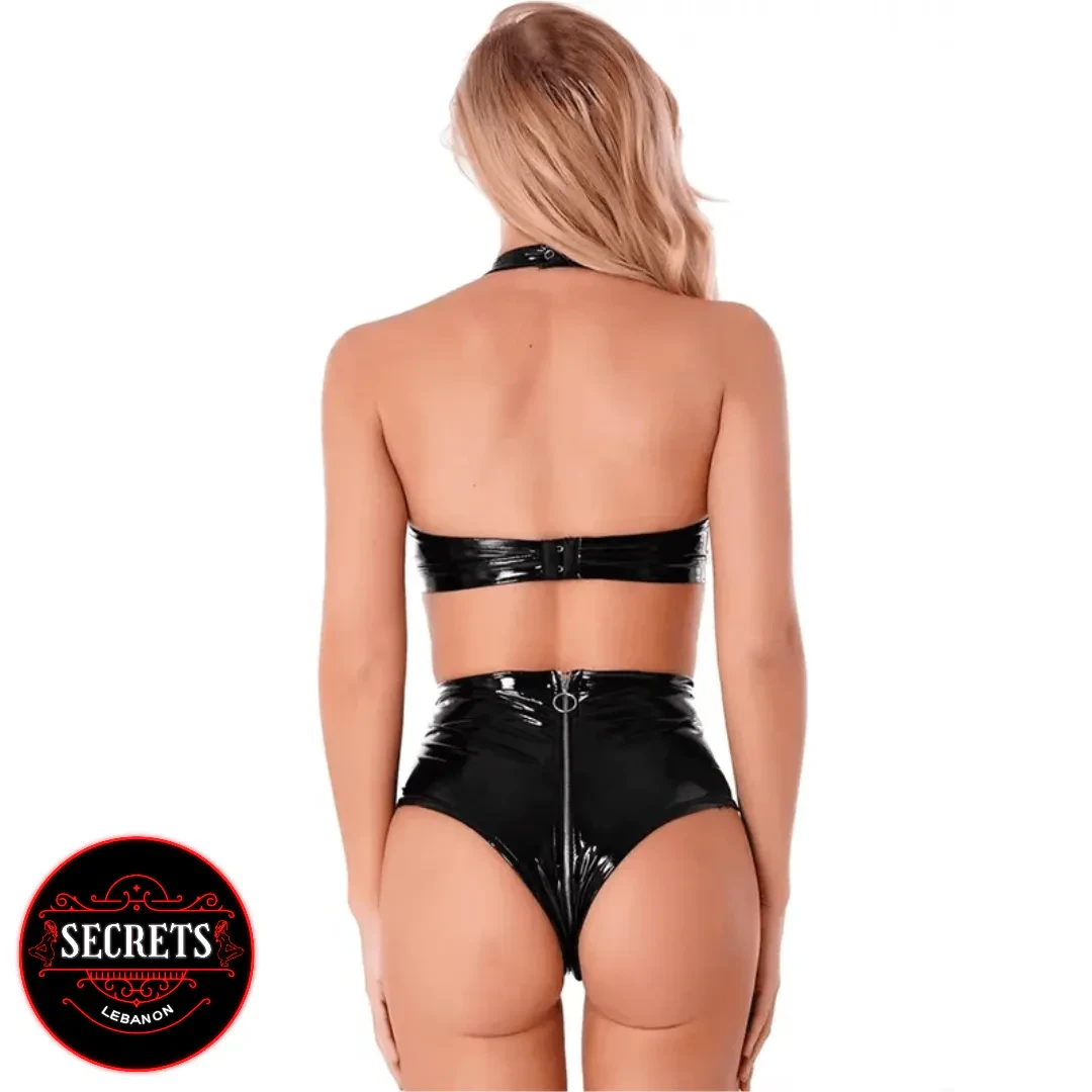 Dominatrix Lace-Up PVC Lingerie Set rear view glossy black with zip