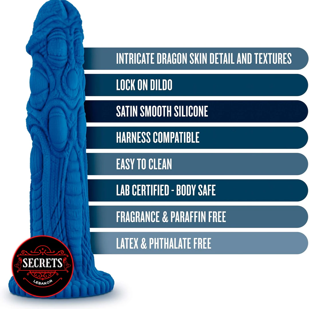 Draken Fantasy Silicone Dildo in blue with dragon skin texture