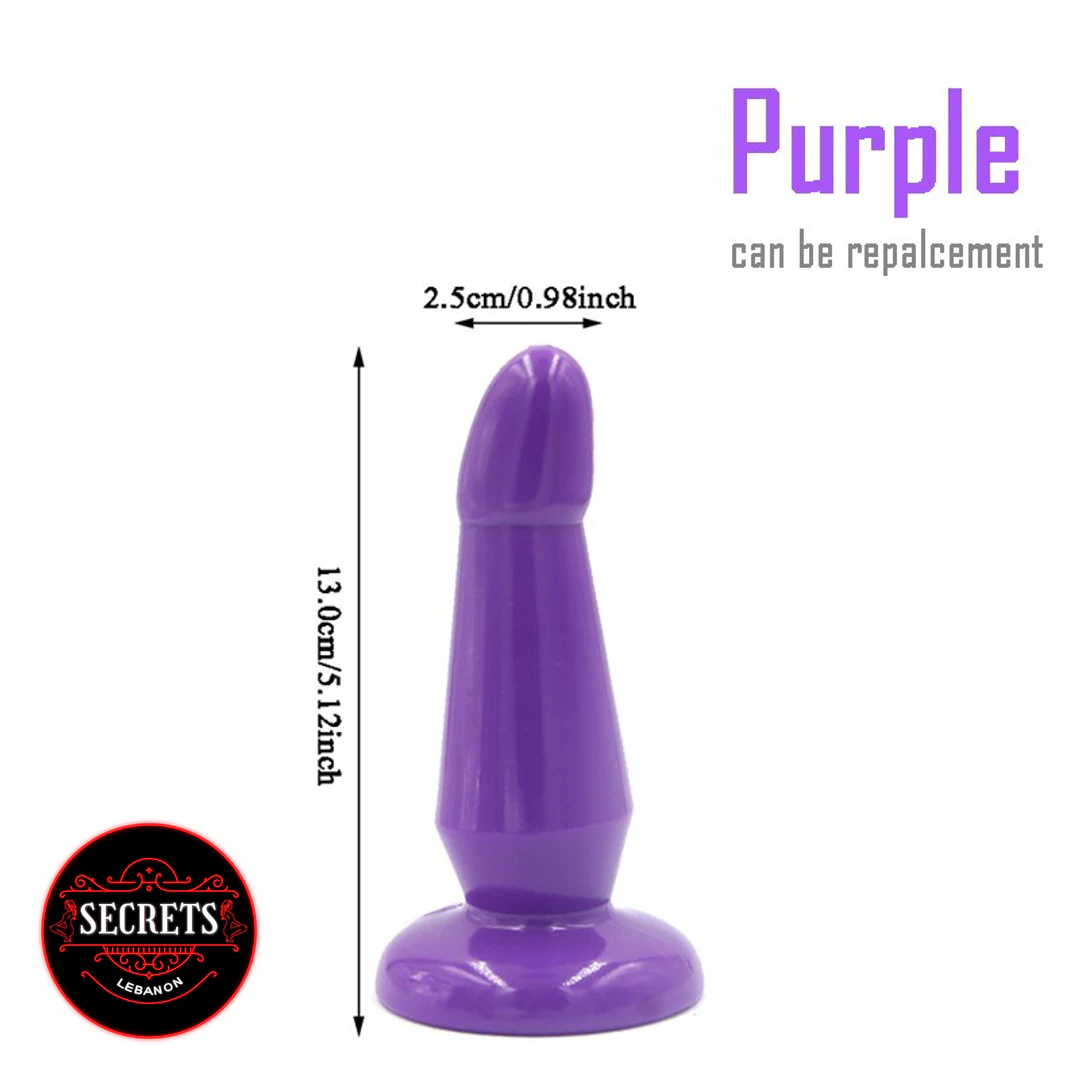Dual Ribbed Double Strapon purple plug 13cm with suction base shown