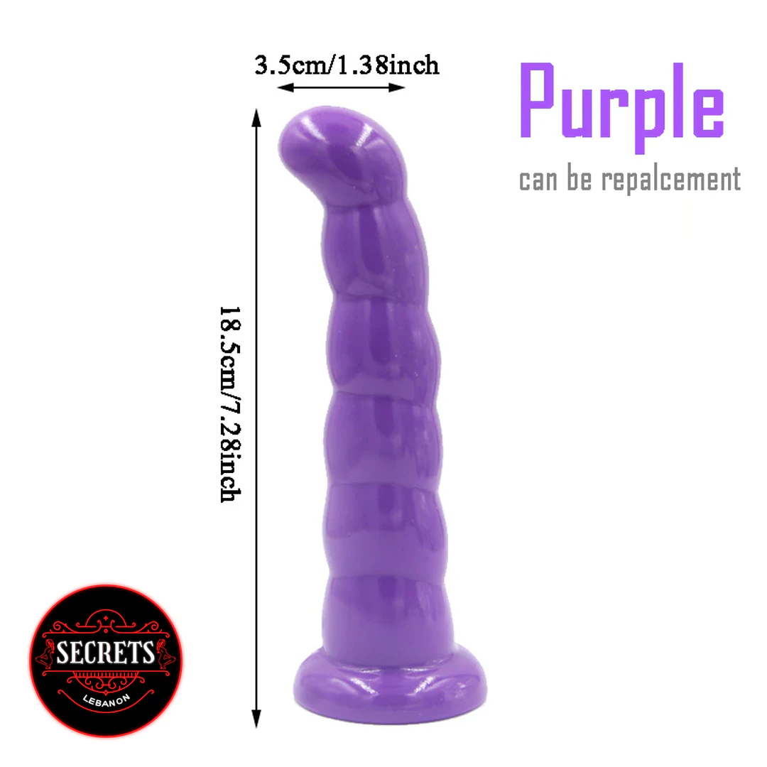 Dual Ribbed Double Strapon purple dildo with curved tip and suction base