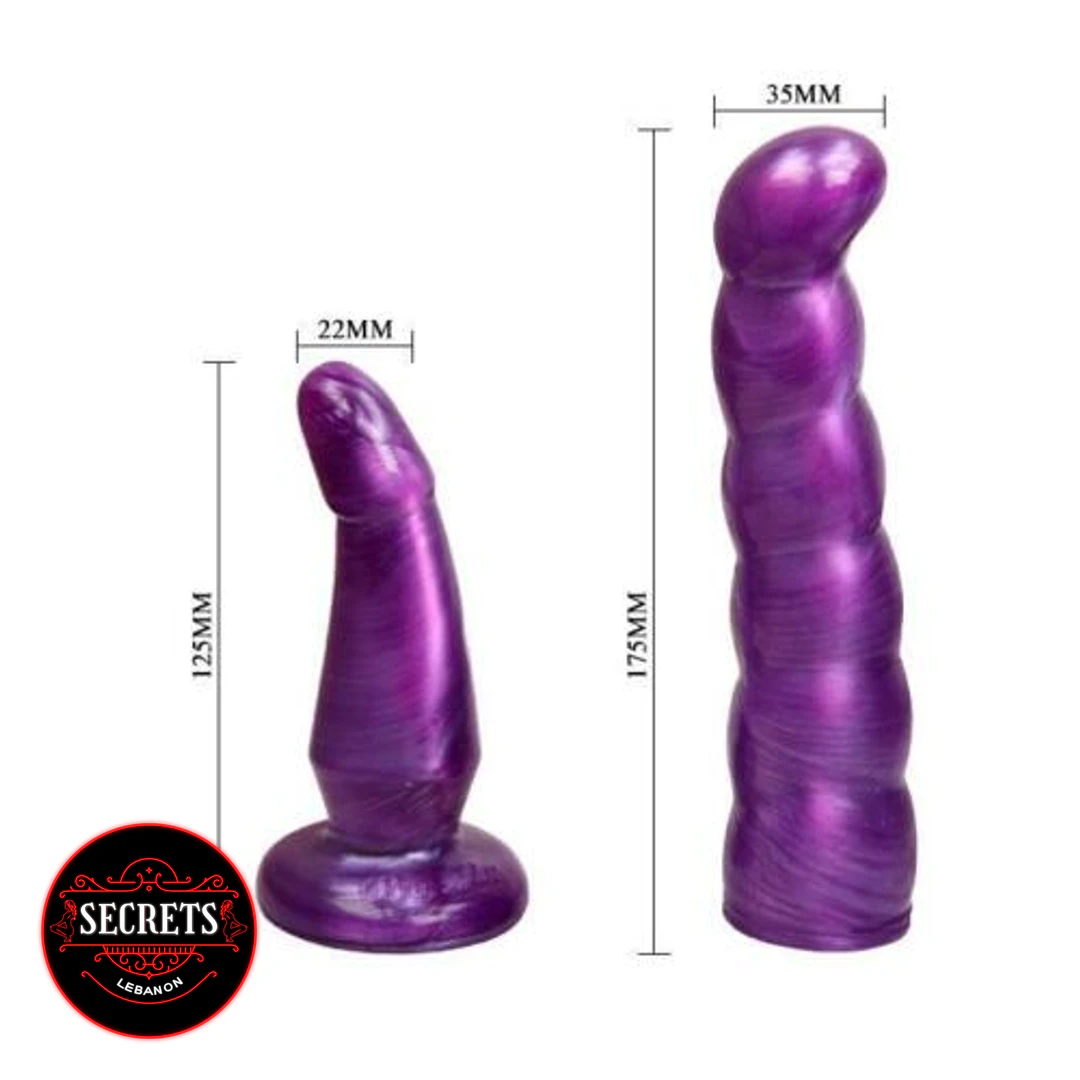 Dual Ribbed Double Strapon two-piece purple set with size dimensions shown