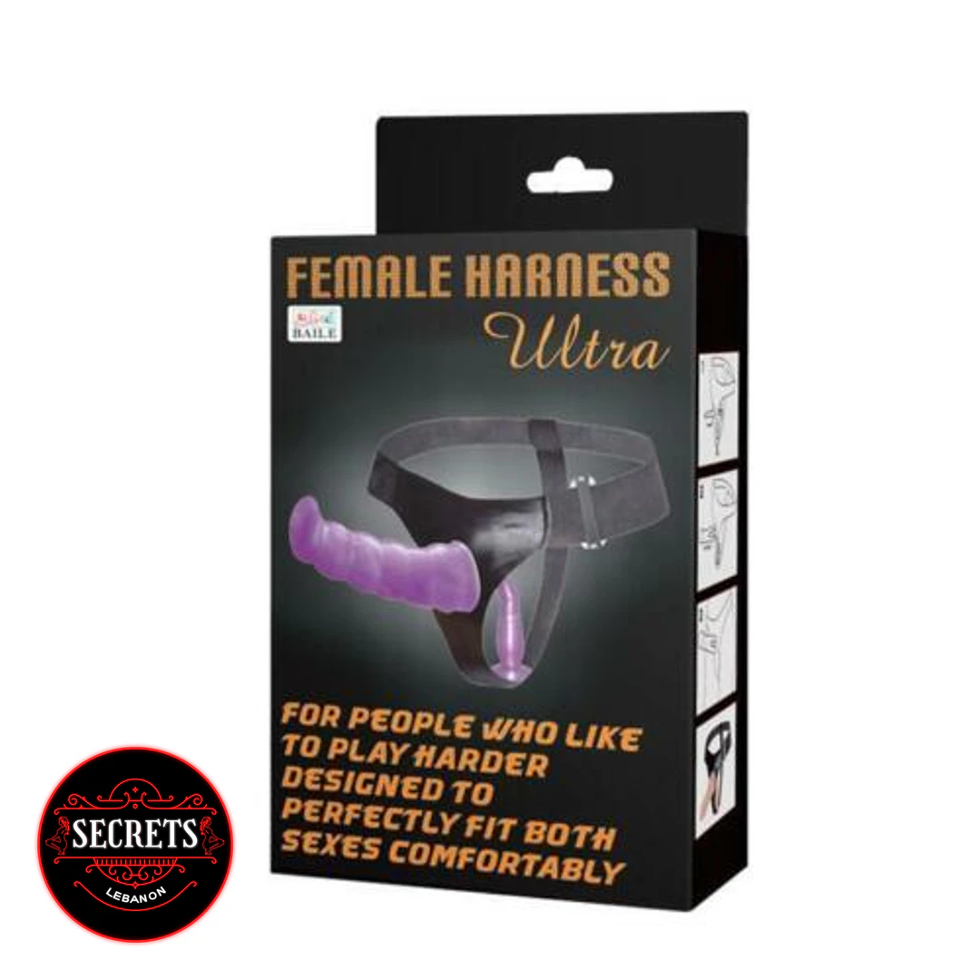 Dual Ribbed Double Strapon black harness with purple dildos in box