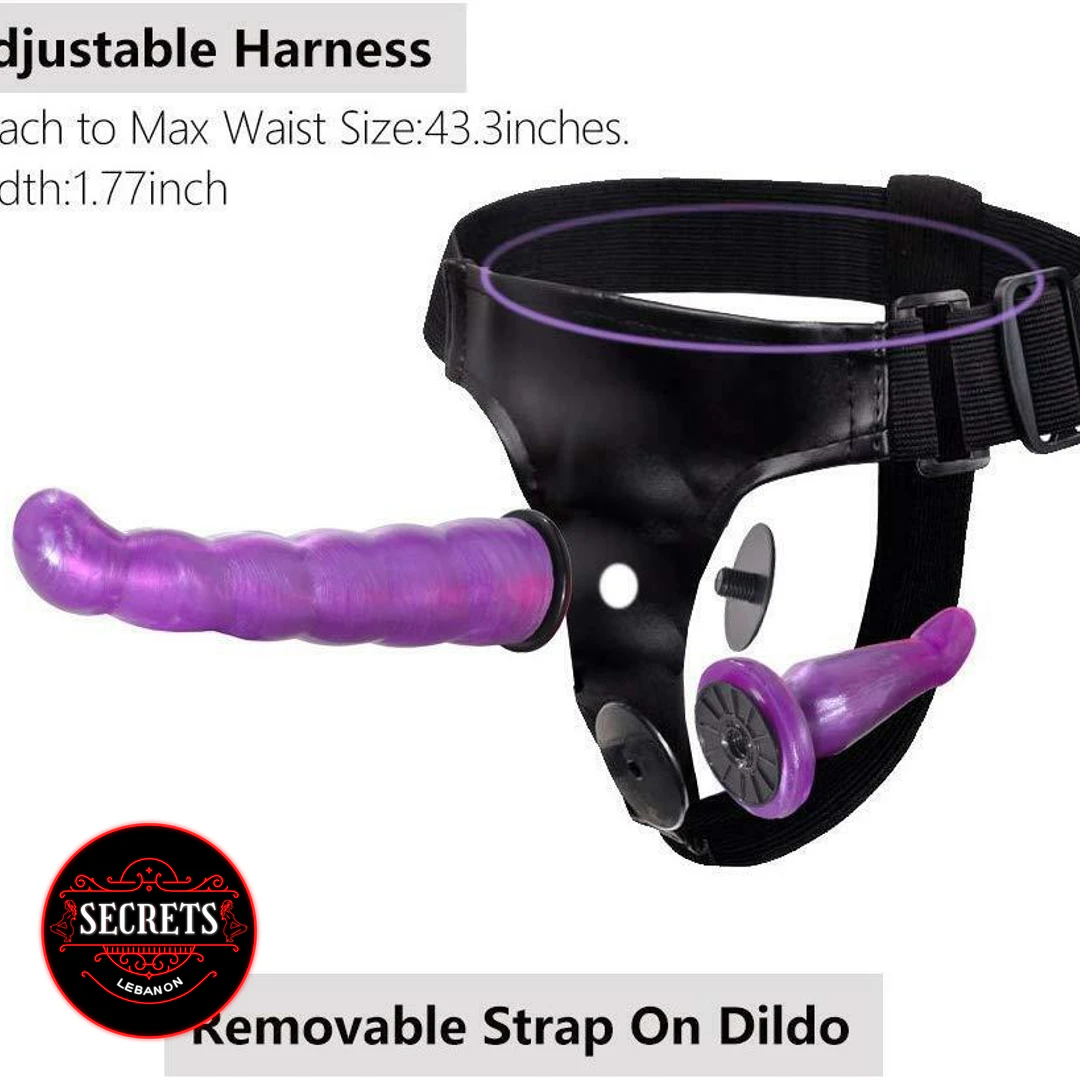 Dual Ribbed Double Strapon with black adjustable harness and purple dildos