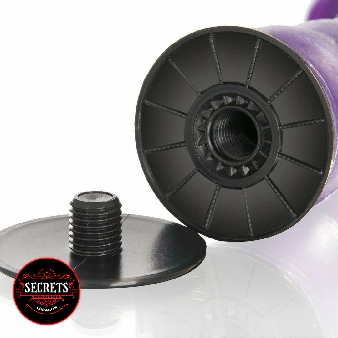Dual Ribbed Double Strapon black base cap detail close-up purple toy
