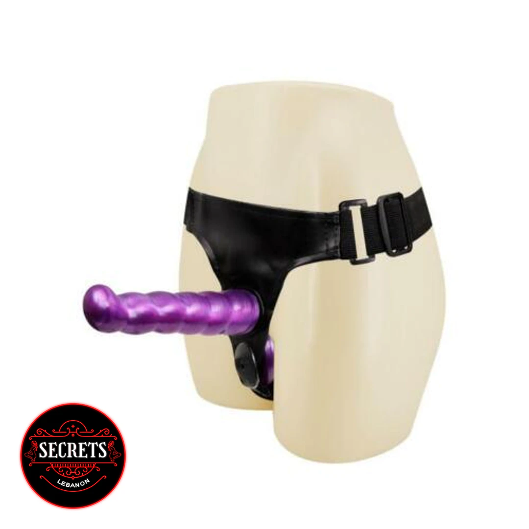 Dual Ribbed Double Strapon with black harness and purple dildo on mannequin