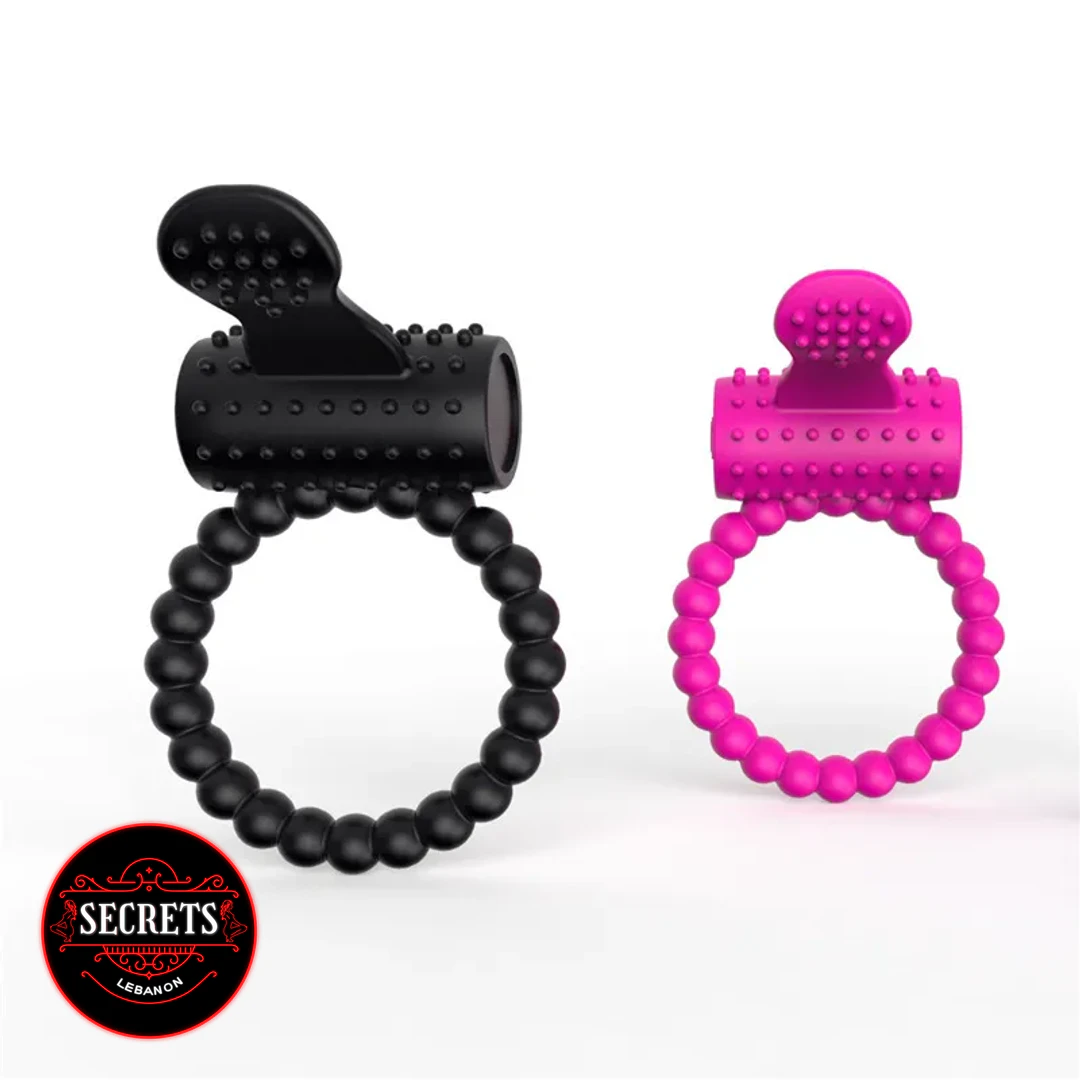 Dual Stimulation Beaded Silicone Ring in black and pink on white background
