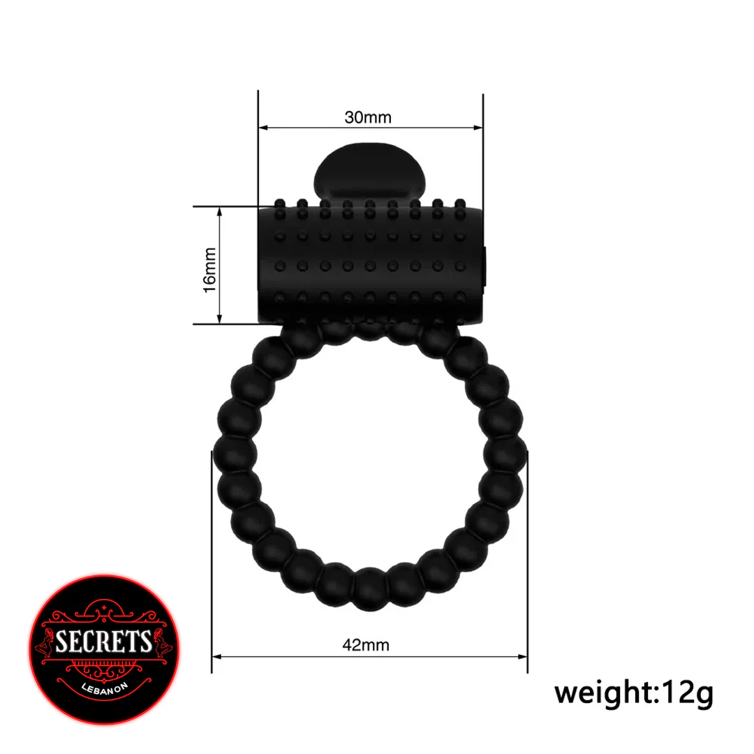 Dual Stimulation Beaded Silicone Ring in black with textured vibrator attachment