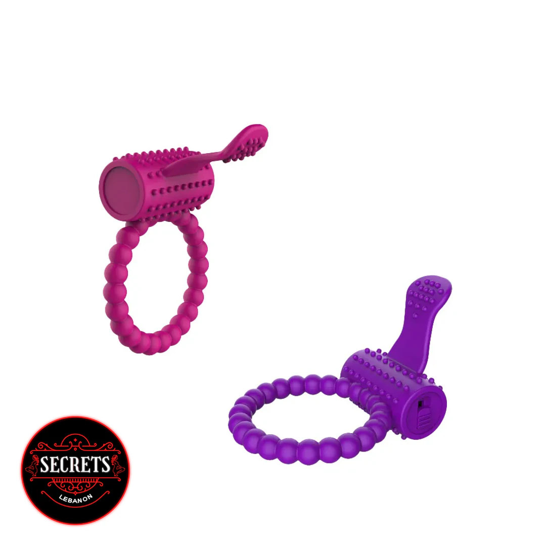 Dual Stimulation Beaded Silicone Ring in pink and purple on white background