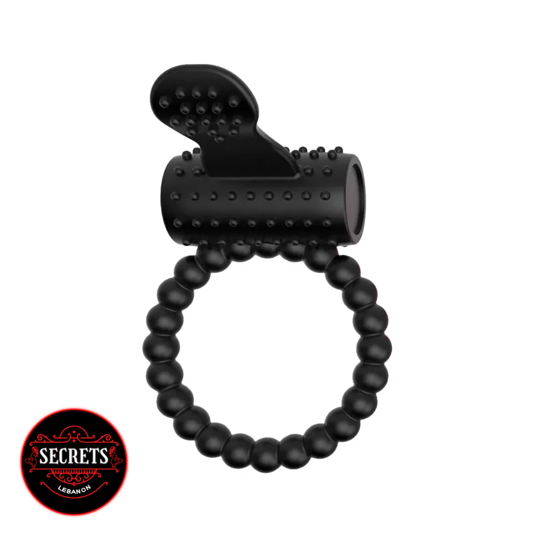 Dual Stimulation Beaded Silicone Ring in black with textured vibrator top