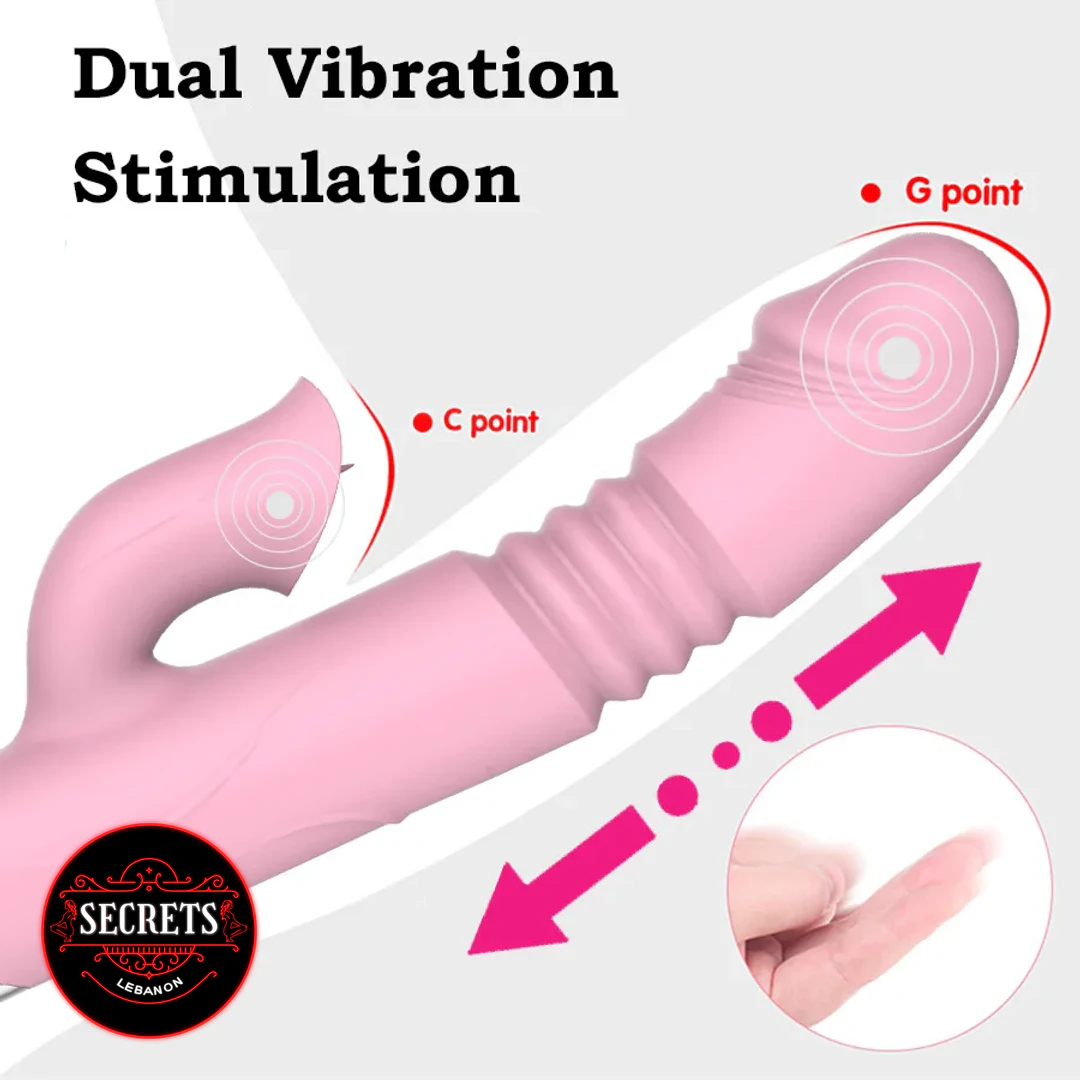 Dual Stimulation Thrusting Heated Vibrator in pink with G-point and C-point labels