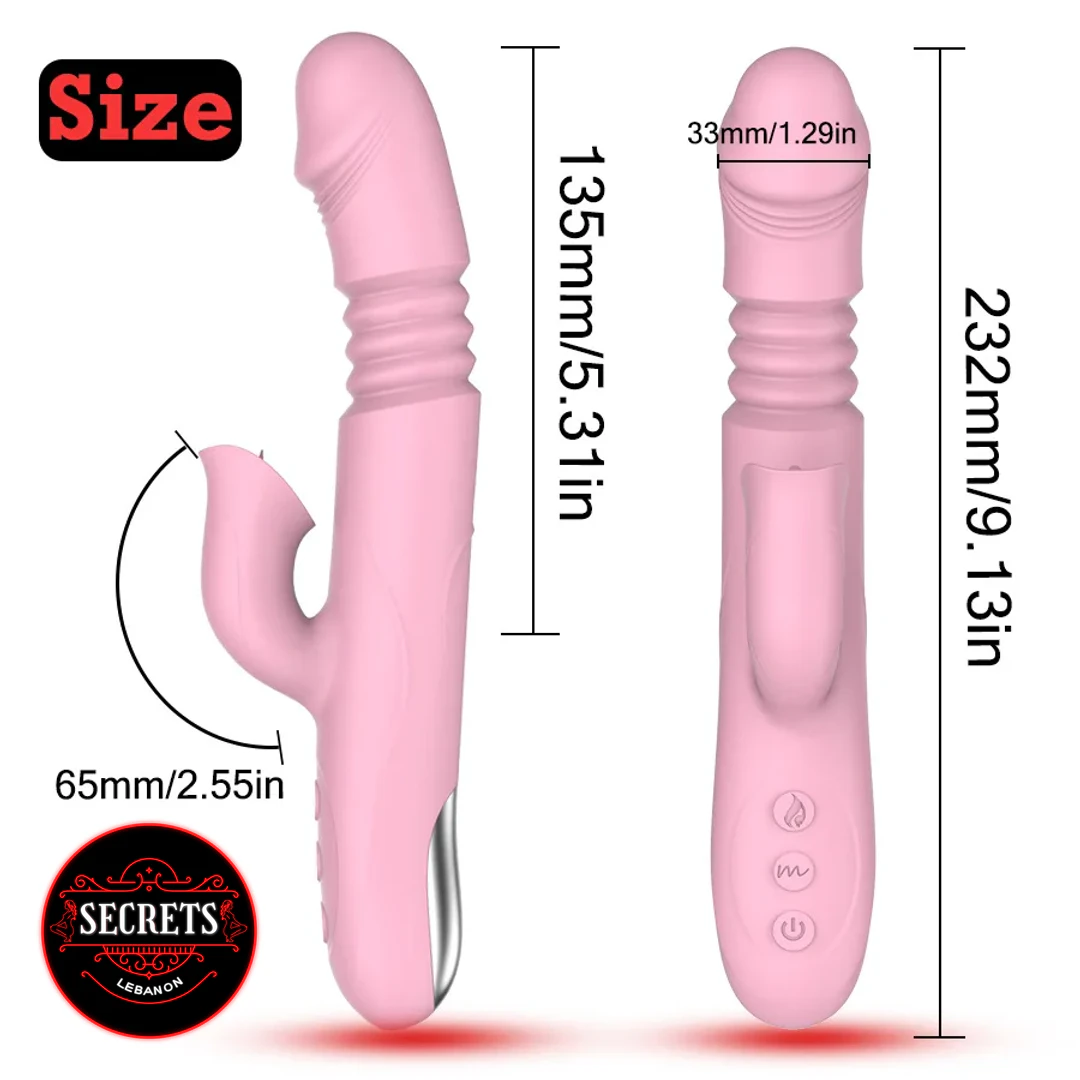 Dual Stimulation Thrusting Heated Vibrator shown in pink with size dimensions