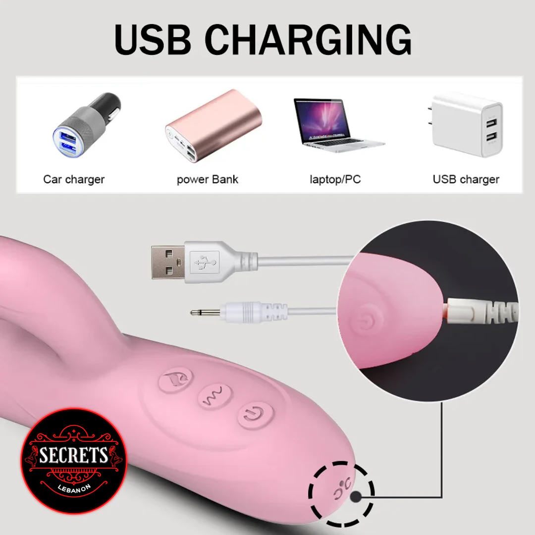 Dual Stimulation Thrusting Heated Vibrator USB charging compatibility infographic pink silicone