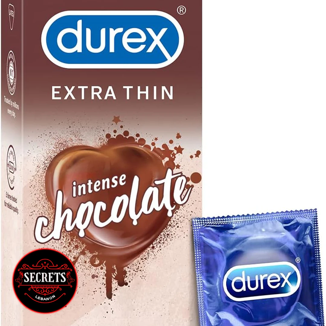 Durex Intense Chocolate Flavoured Condoms brown box with individual blue foil wrapper