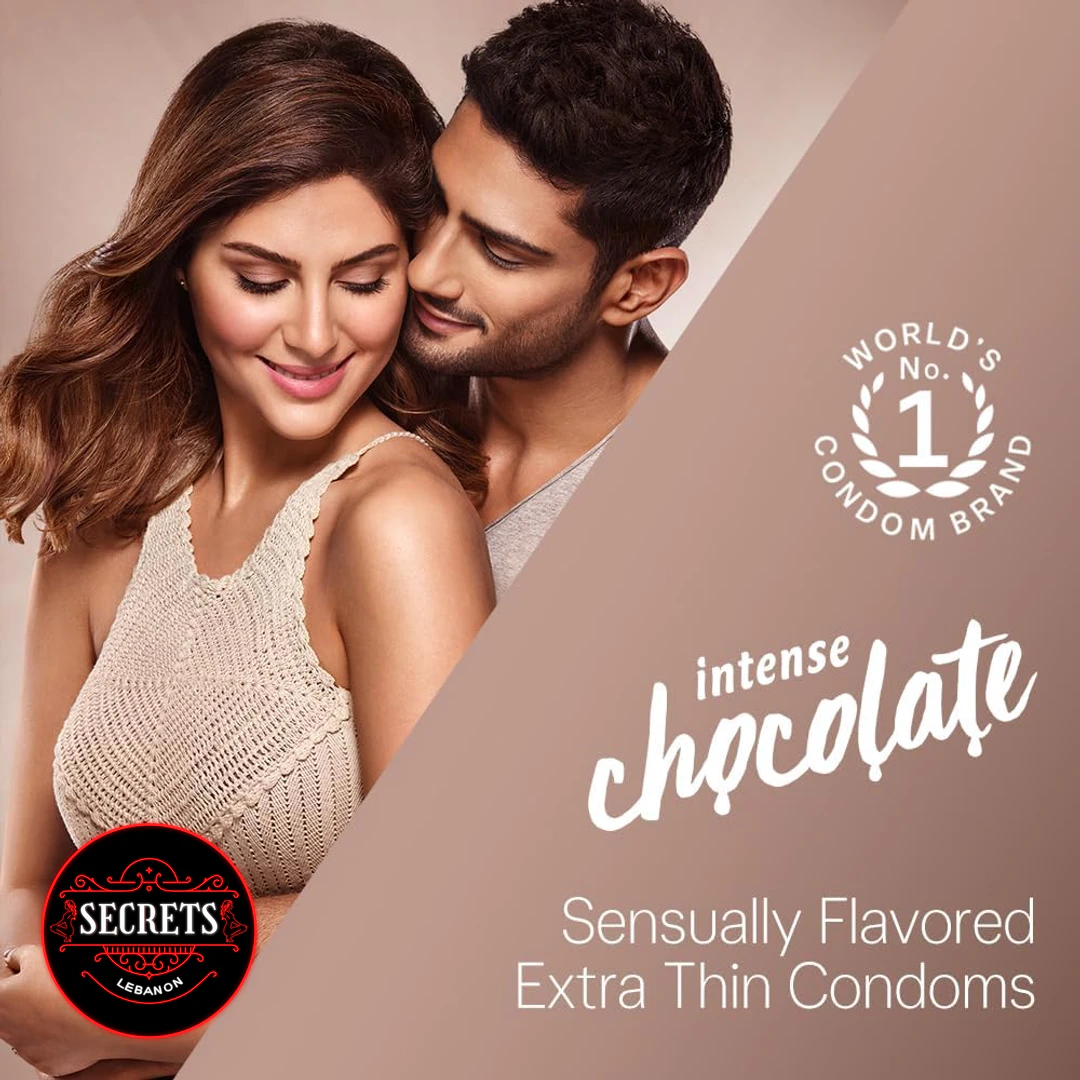 Durex Intense Chocolate Flavoured Condoms advertised with couple and chocolate flavour text