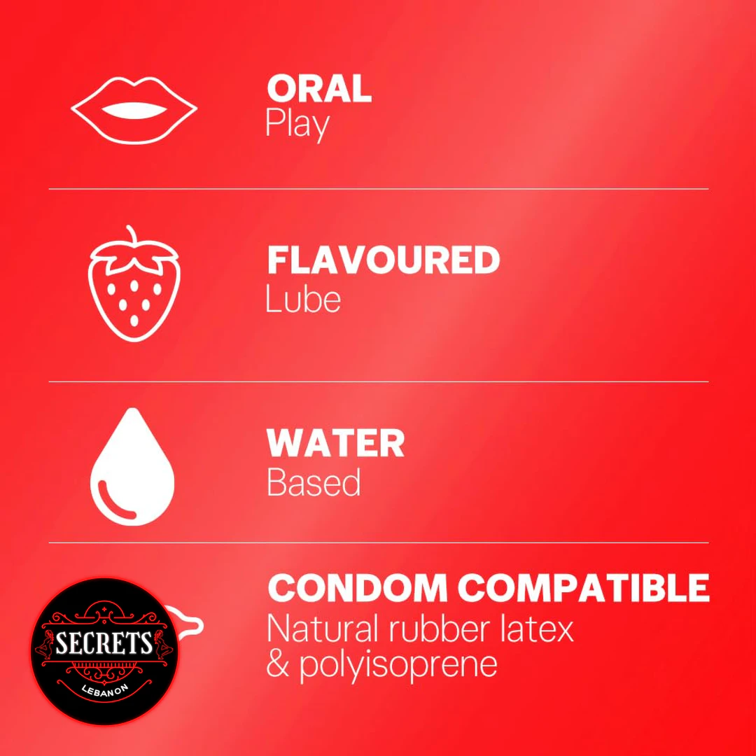 Durex Strawberry Flavored Lubricant 50ml feature infographic on red background