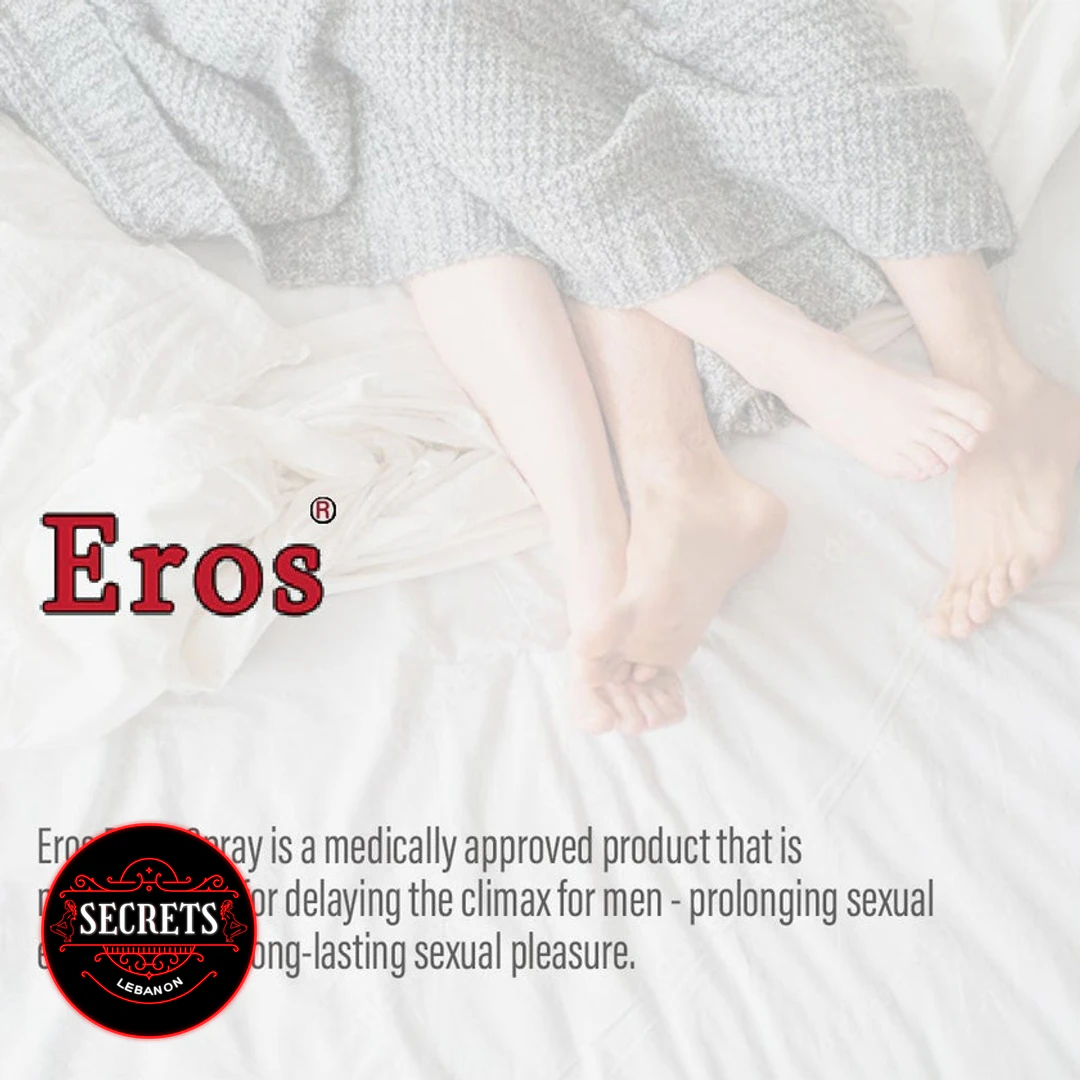 Eros 14ml Lidocaine Delay Spray promotional graphic with couple's bare legs on bed