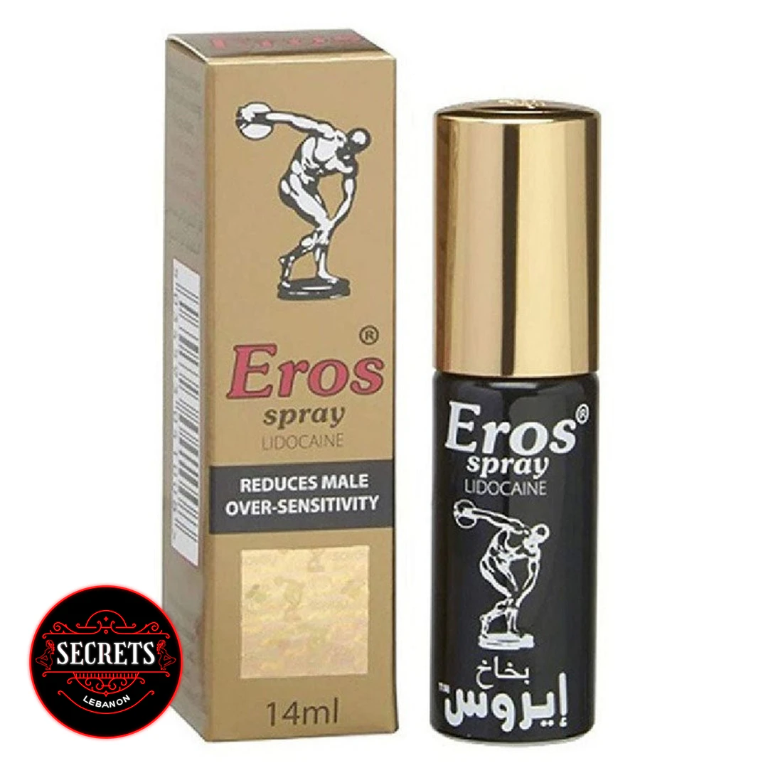 Eros 14ml Lidocaine Delay Spray black bottle and gold box front view