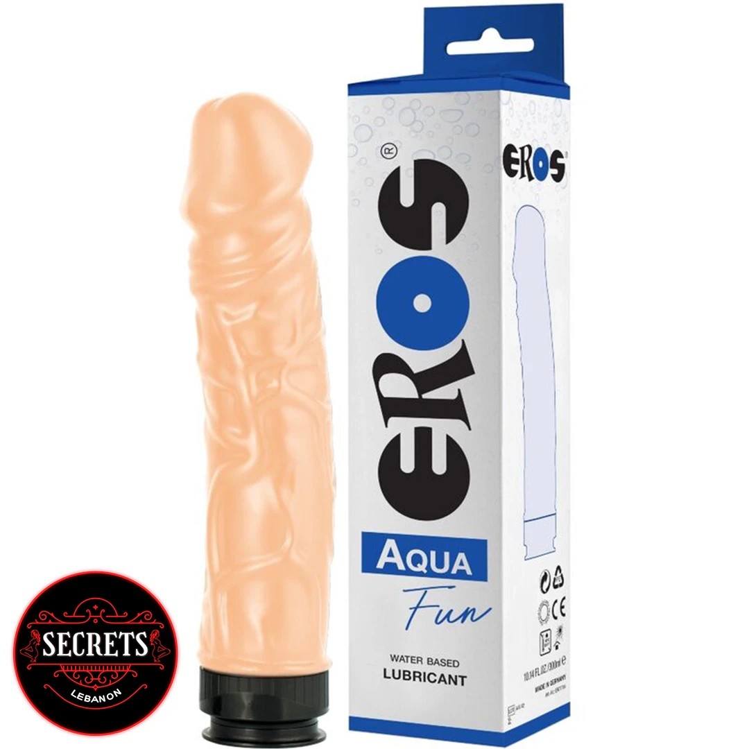 Eros Realistic Dildo With Lube beside its white and blue retail box
