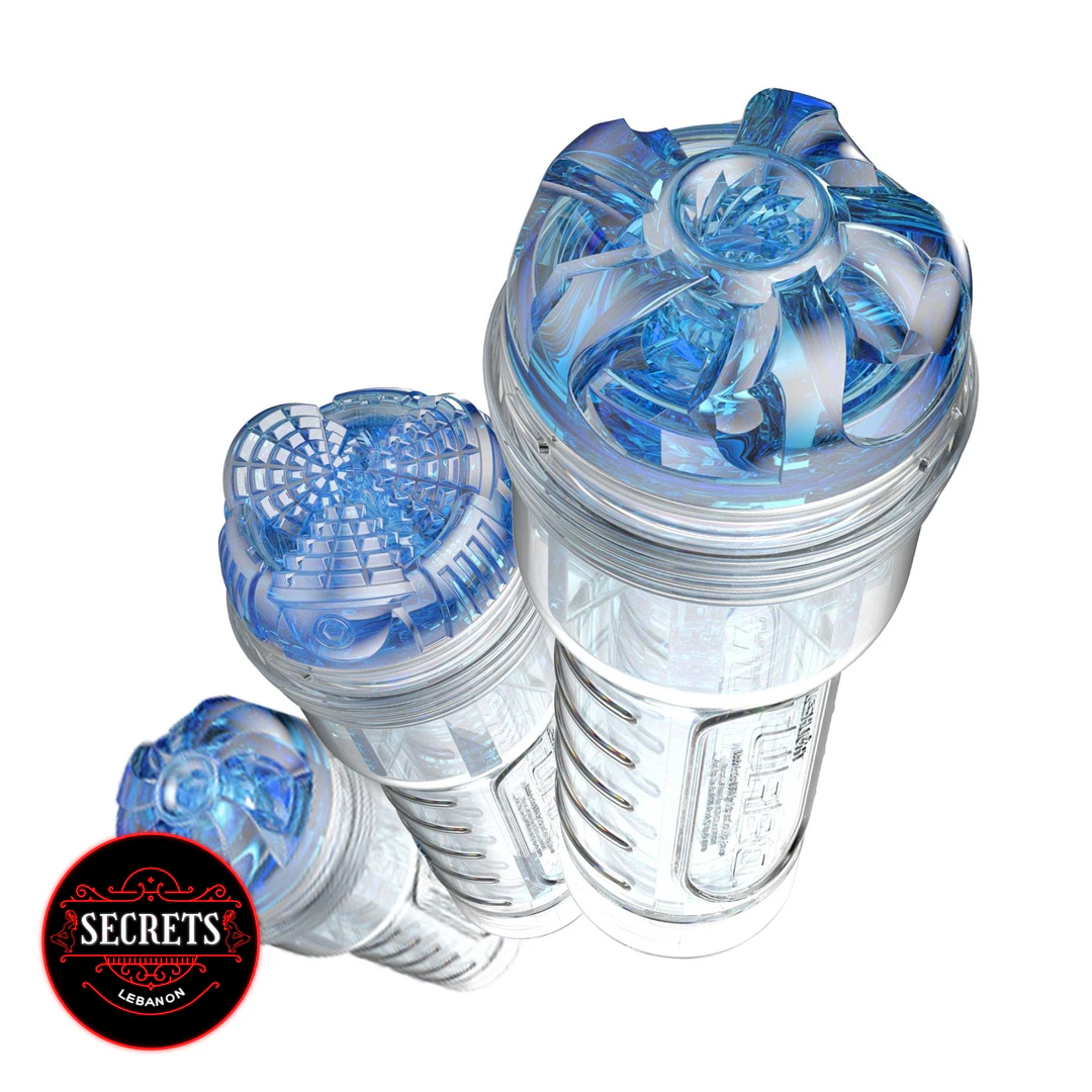 Fleshlight Turbo Thrust Oral Masturbator three sizes shown with blue transparent sleeves