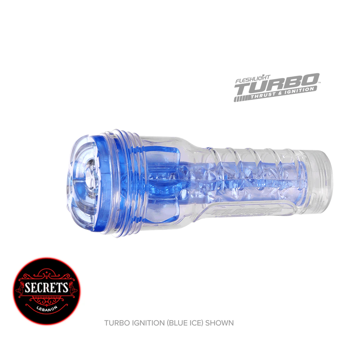 Fleshlight Turbo Thrust Oral Masturbator in clear blue Ice shown at angle