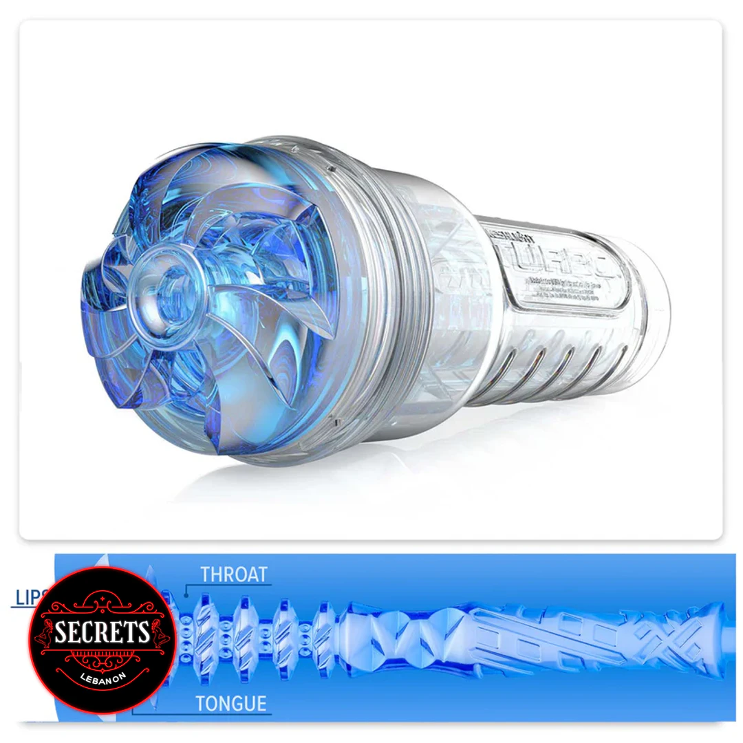Fleshlight Turbo Thrust Oral Masturbator clear blue turbine opening and internal texture diagram