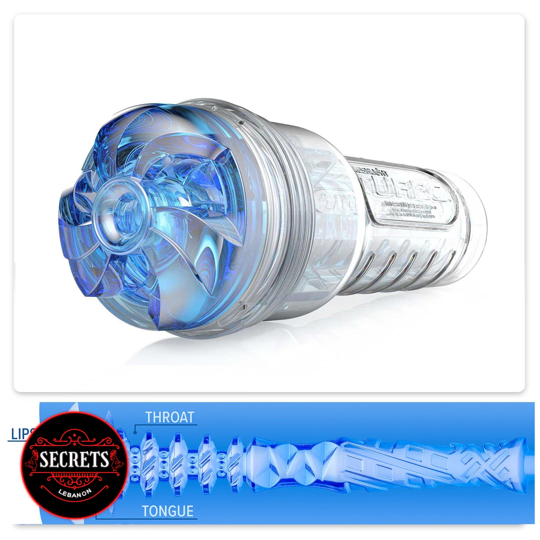 Fleshlight Turbo Thrust Oral Masturbator with blue transparent sleeve and internal texture diagram