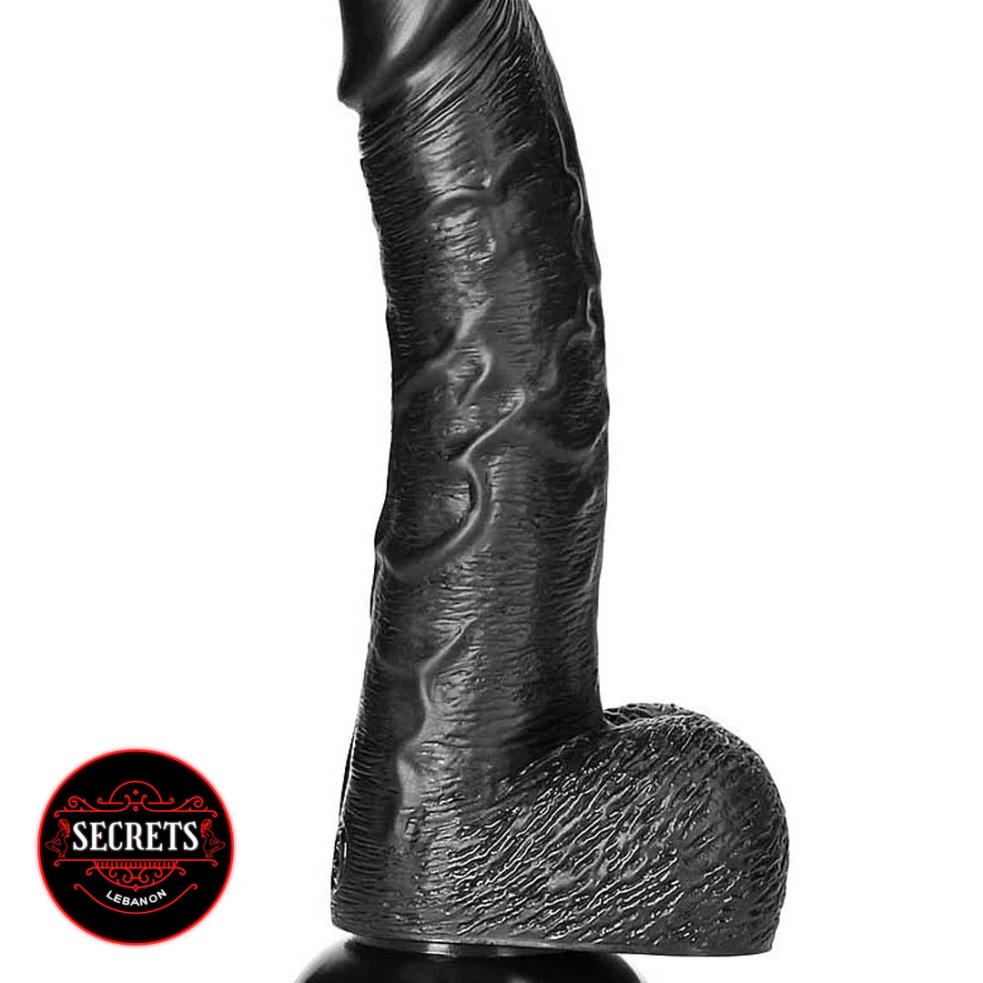 FlexCore Suction Base Dildo black realistic textured shaft side view