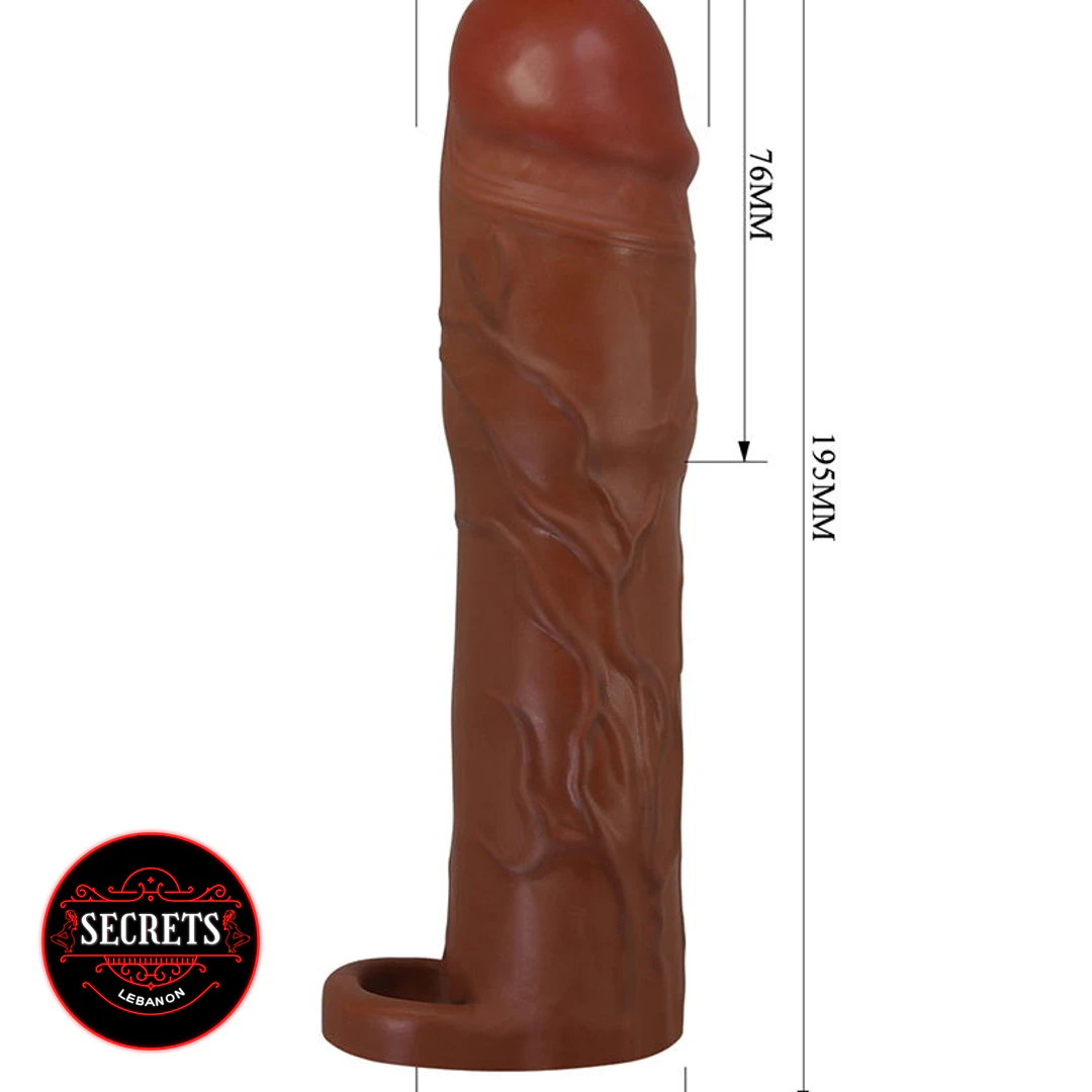 Gerd Realistic TPR Extension Sleeve in brown shown upright with dimensions